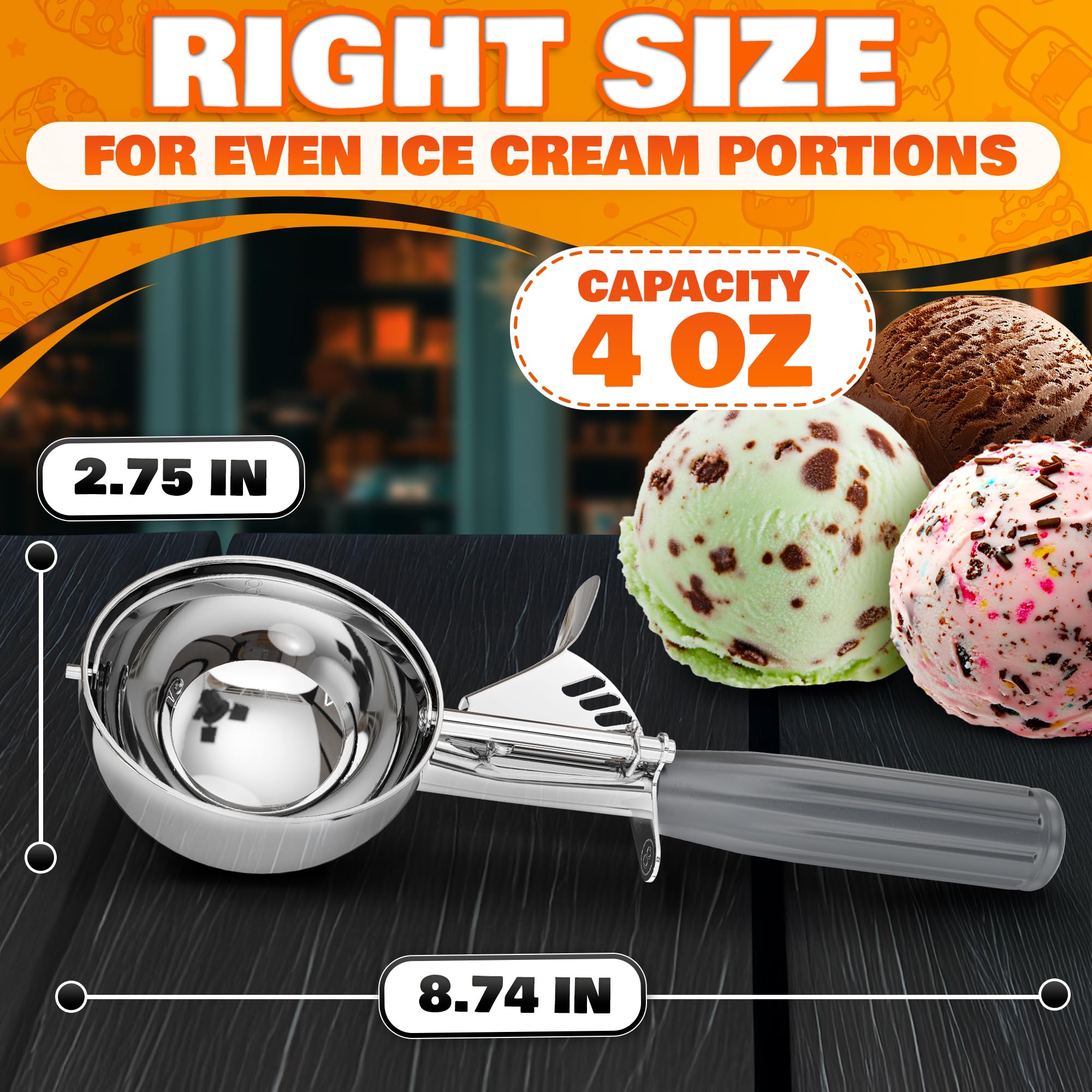 Reluen cuchara helado 4oz con mango ergonómico ofrece agarre cómodo.