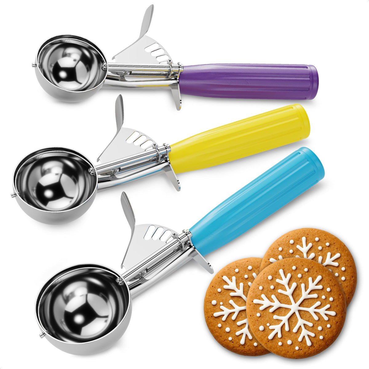 Reluen cuchara para galletas con disparador, duradera y ergonómica para porciones uniformes.