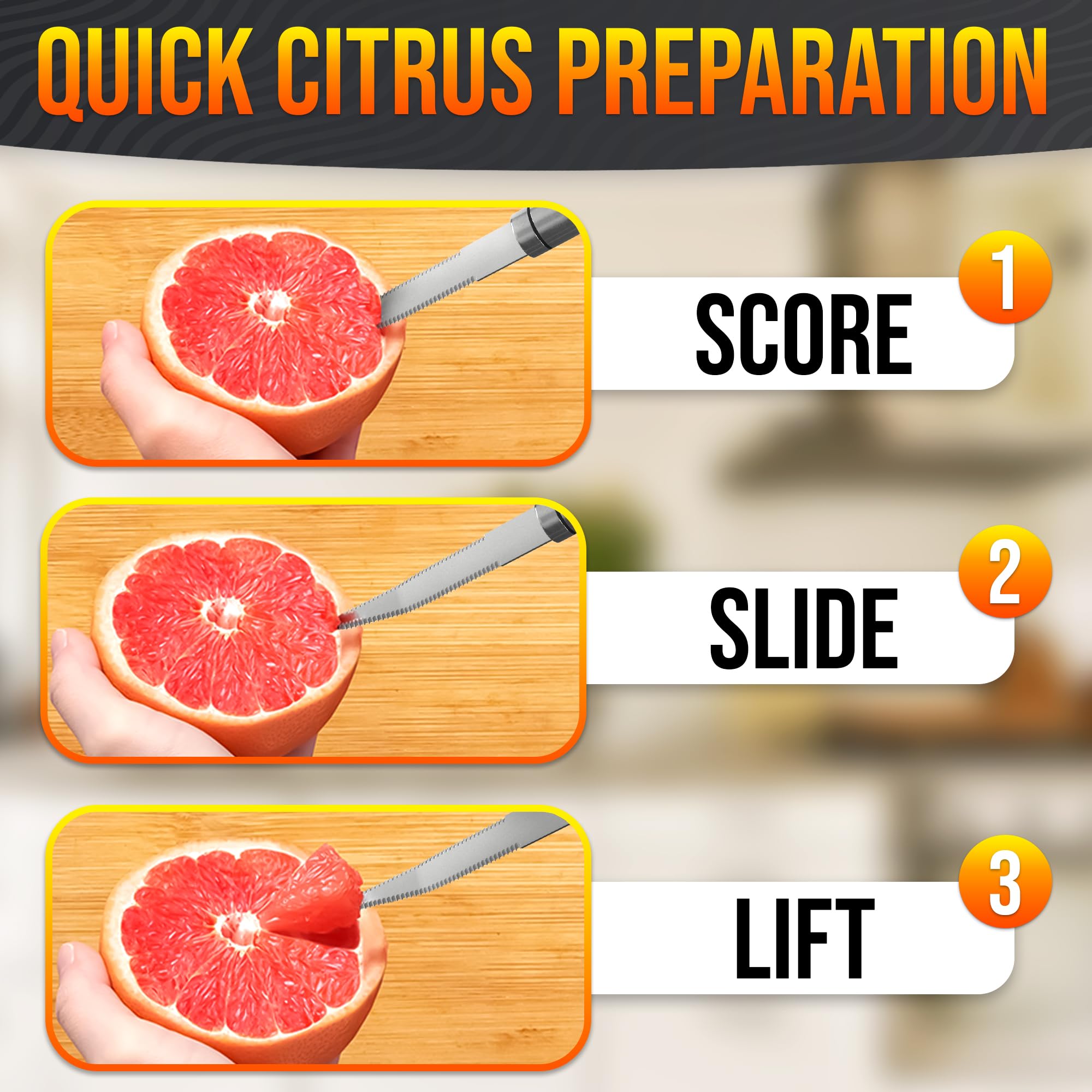 Reluen cuchillo versátil para pelar, cortar y seccionar pomelos, naranjas y limones.