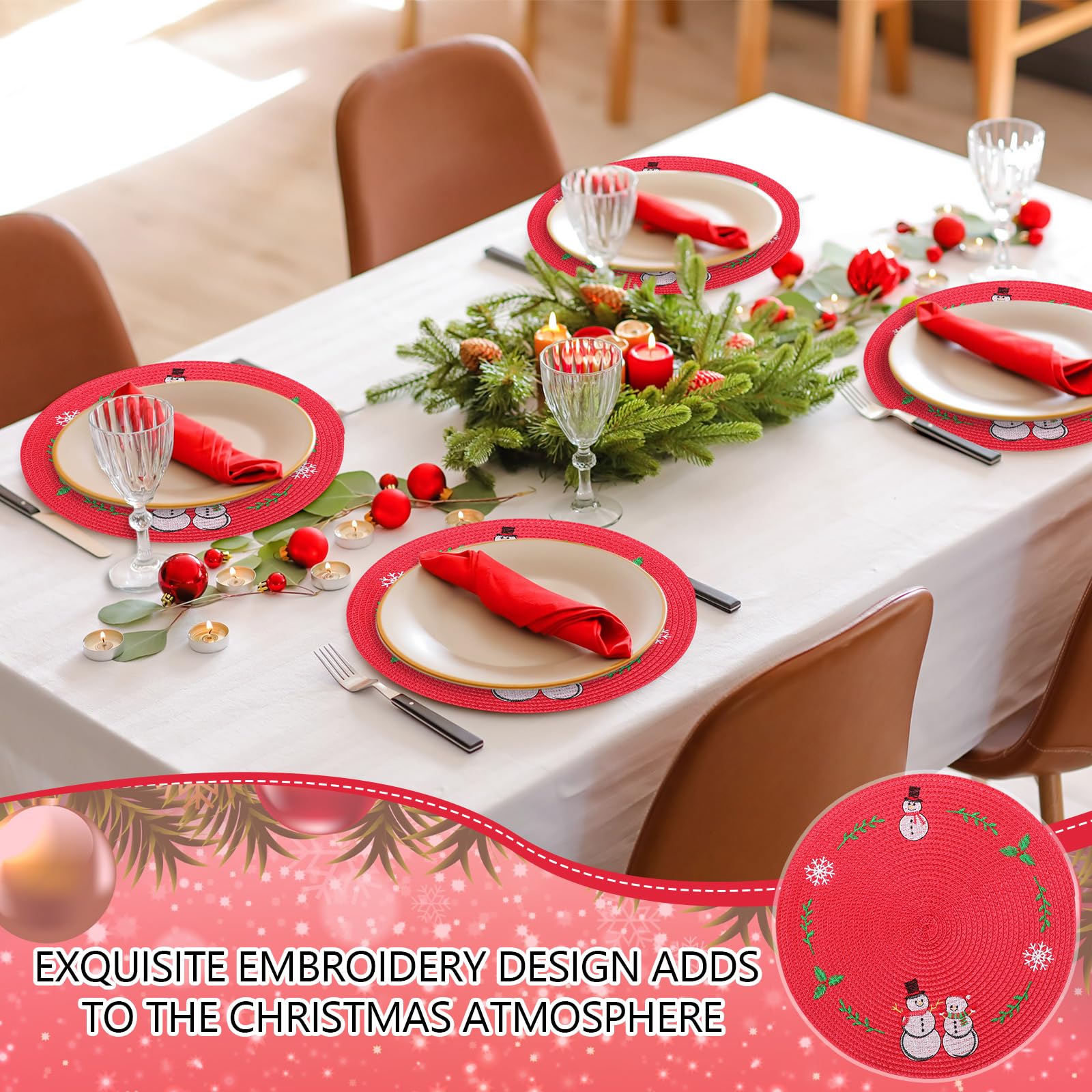 Mantel Remerry bordado con muñeco de nieve, aporta encanto navideño a la mesa.