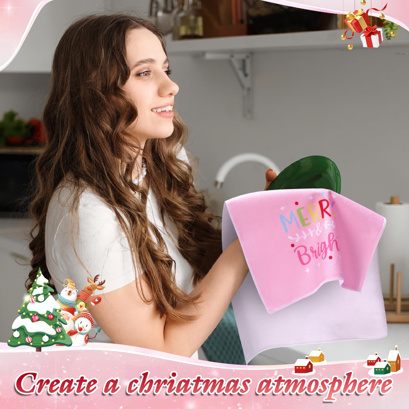 Remerry toallas de cocina rosa Navidad con papa-noel; útil para limpiar y decorar.