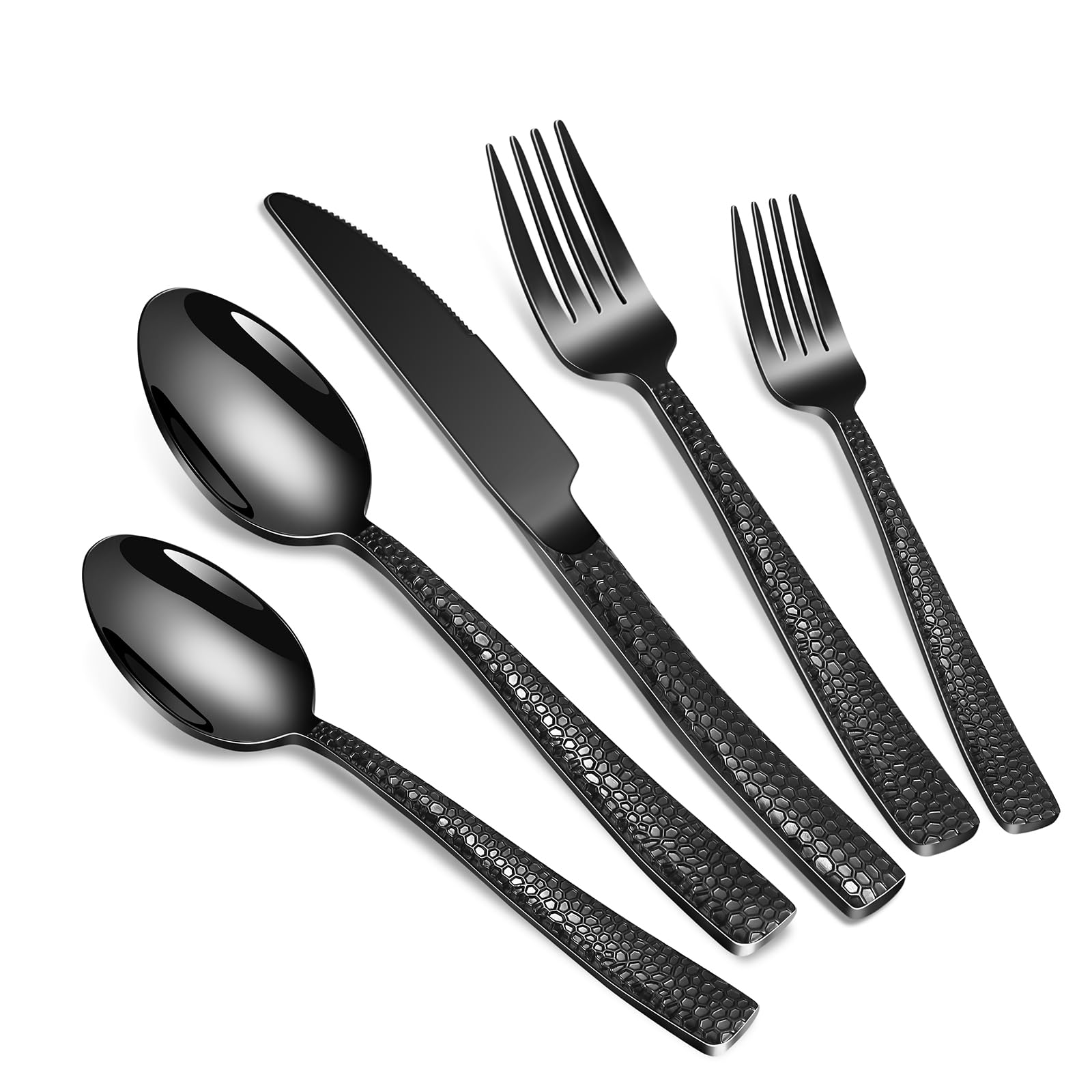 Remoxye cubiertos 40 piezas martillado negro en mesa, ideal para cenas elegantes.