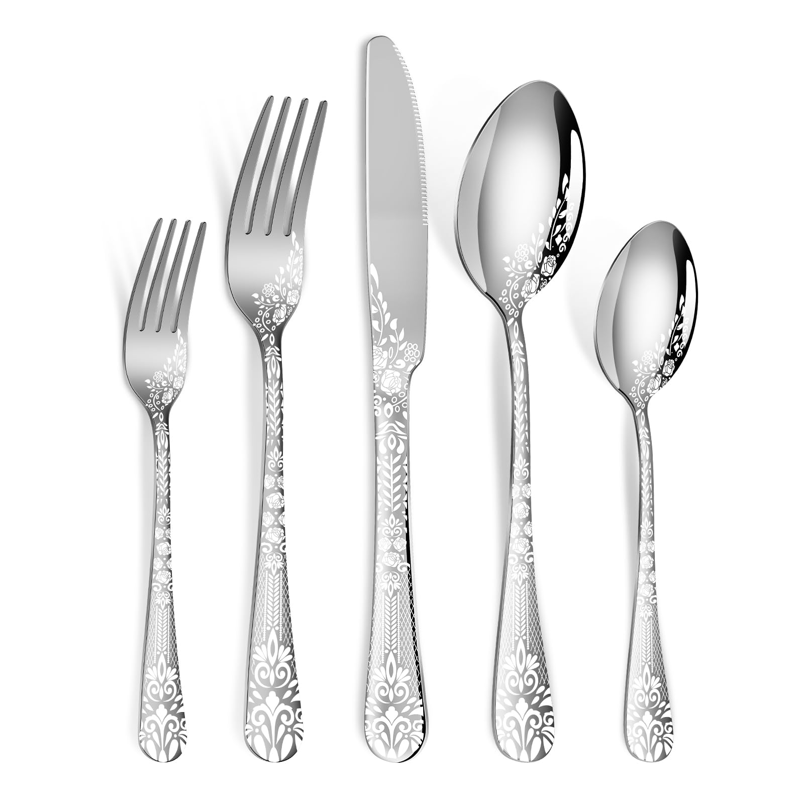 Remoxye cubiertos 40 piezas con diseño de flor láser para mesa elegante