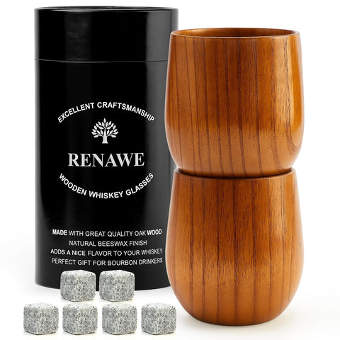 Vasos de whisky Renawe, juego de dos en madera, ideales para degustaciones en casa.