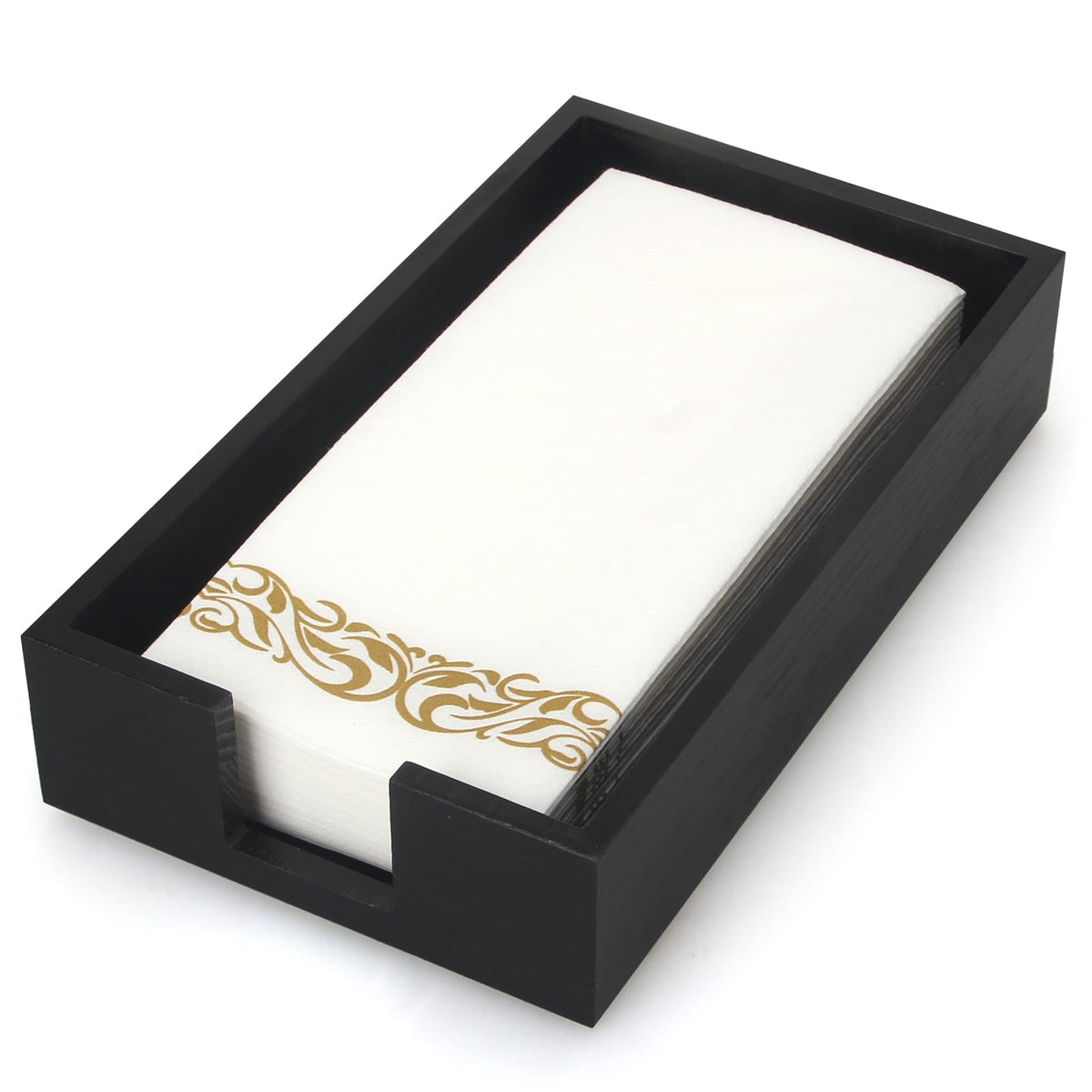 Renawe porta-servilletas de madera negra en mesa, estilo moderno.