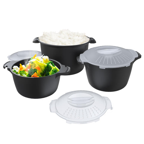 Set de ReneeChef de 3 piezas para microondas, almacenamiento apilable para ahorro de espacio.