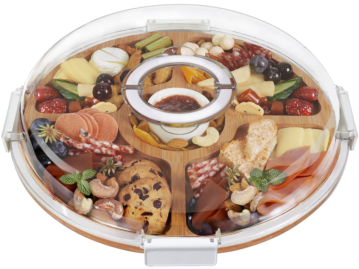 Renmxj tablero de charcutería redondo con tapa transparente para servir con elegancia.