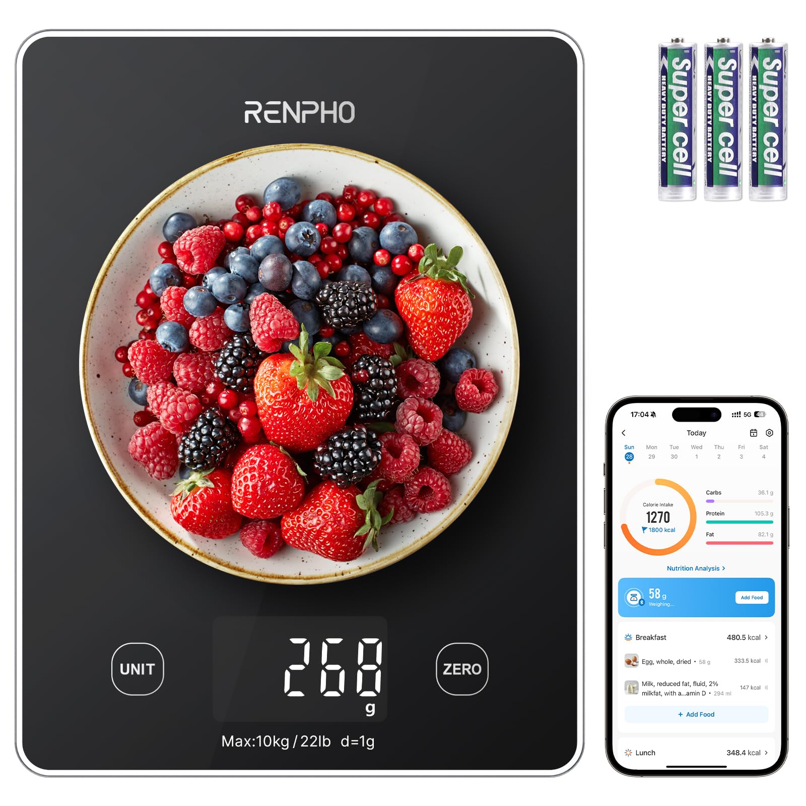 Renpho Escala Digital de Cocina muestra lectura clara en poca luz para medir ingredientes.