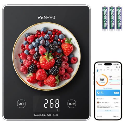 Renpho Escala Digital de Cocina muestra lectura clara en poca luz para medir ingredientes.