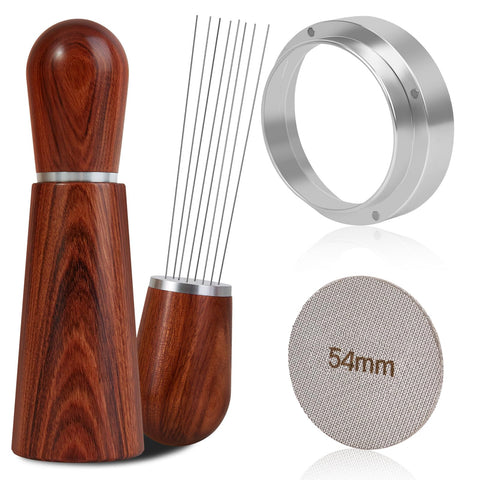 Reoszeank WDT con mango de madera para distribución uniforme del café.