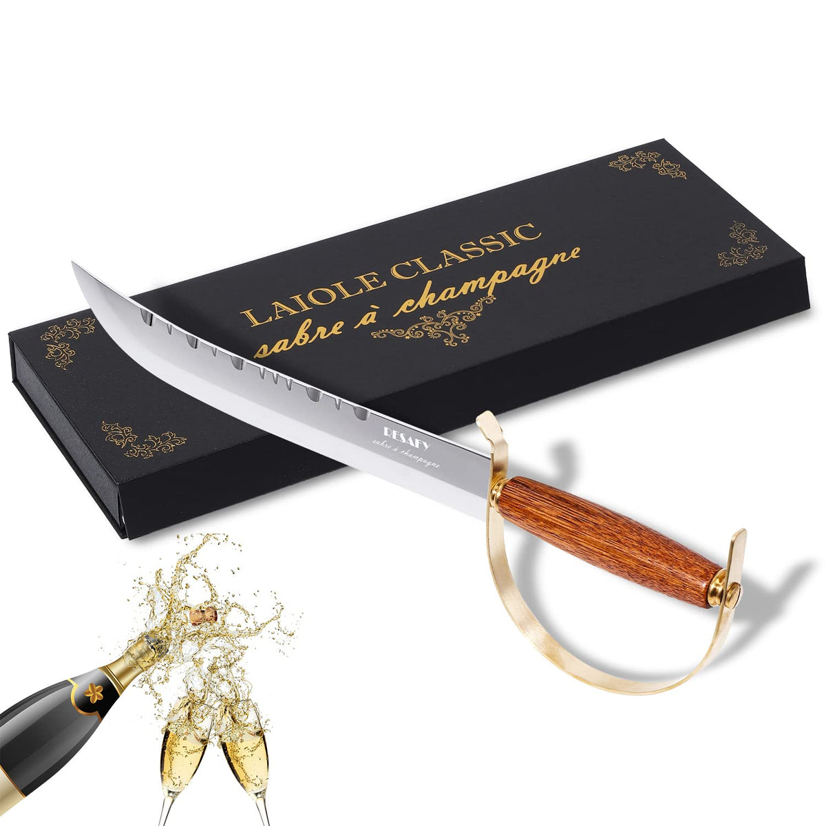 Resafy sable champagne en empaque regalo, ideal para sorprender en celebraciones.