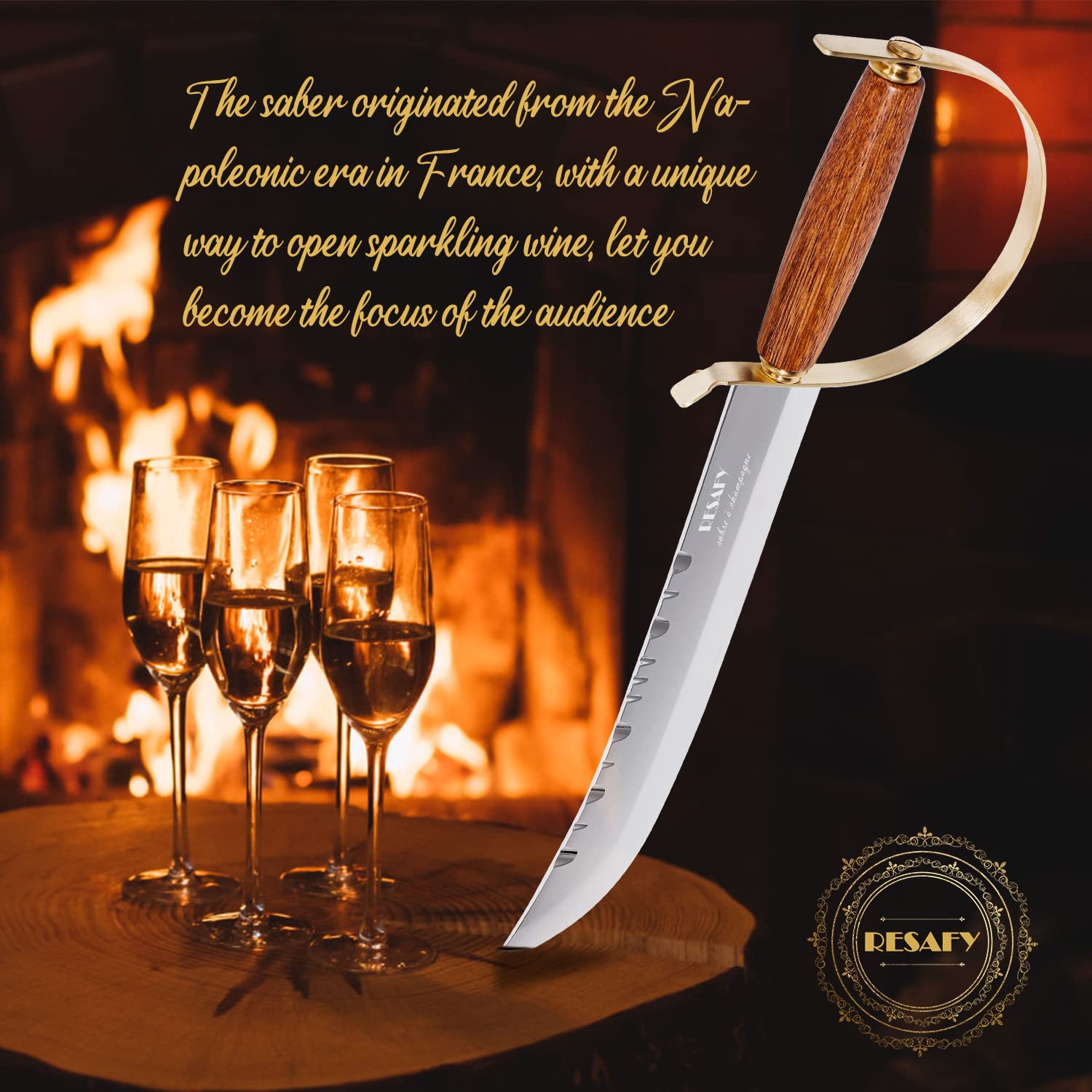Resafy sable champagne para fiestas, efecto showstopper que sorprende a invitados.