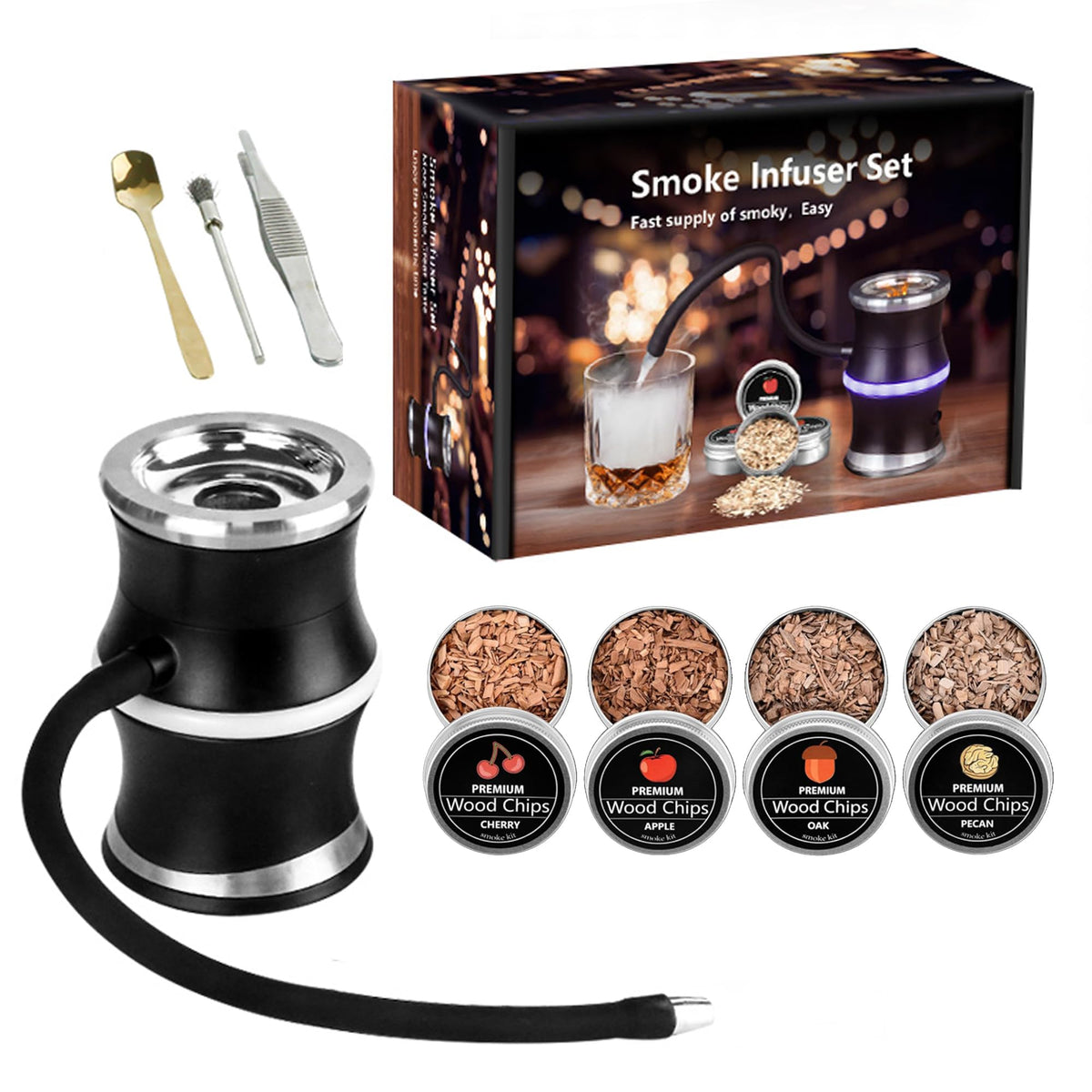 Respiro ahumador eléctrico para whisky con luces de diodos, infusiones precisas en casa.