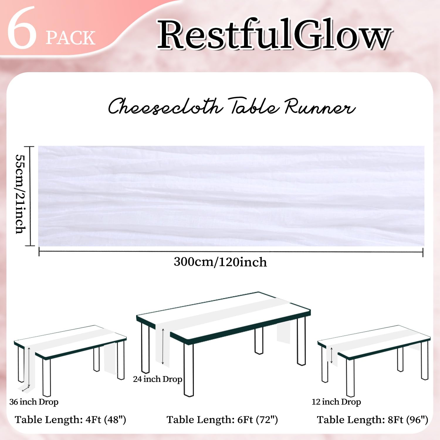 RestfulGlow mantel de gasa blanco, drapeado suave para mesas.