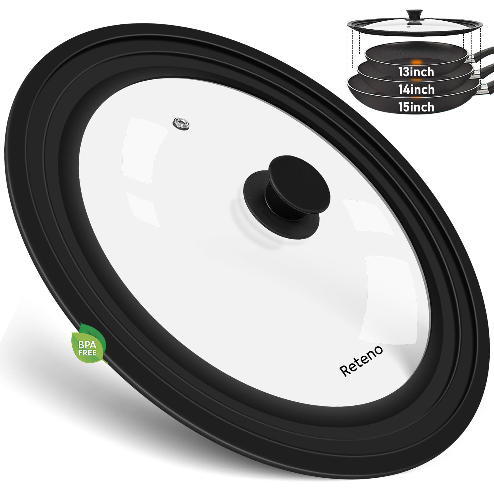 Reteno tapa universal 13-15in, vista frontal, compatible con varias cacerolas.