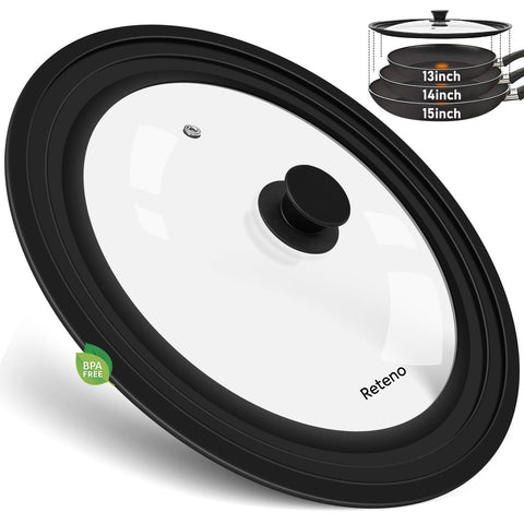 Reteno tapa universal 13-15in, vista frontal, compatible con varias cacerolas.