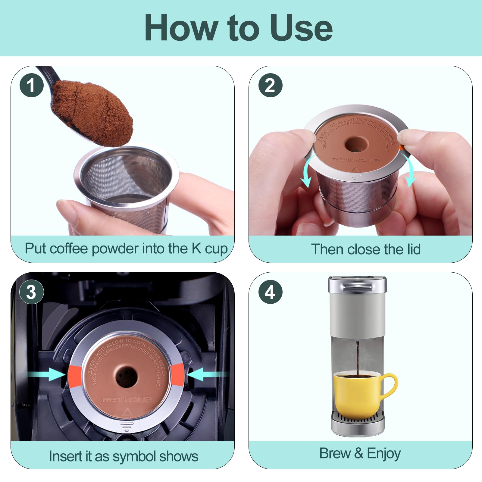 Acero inoxidable de RETHONE K Cup ofrece durabilidad para reutilizar.