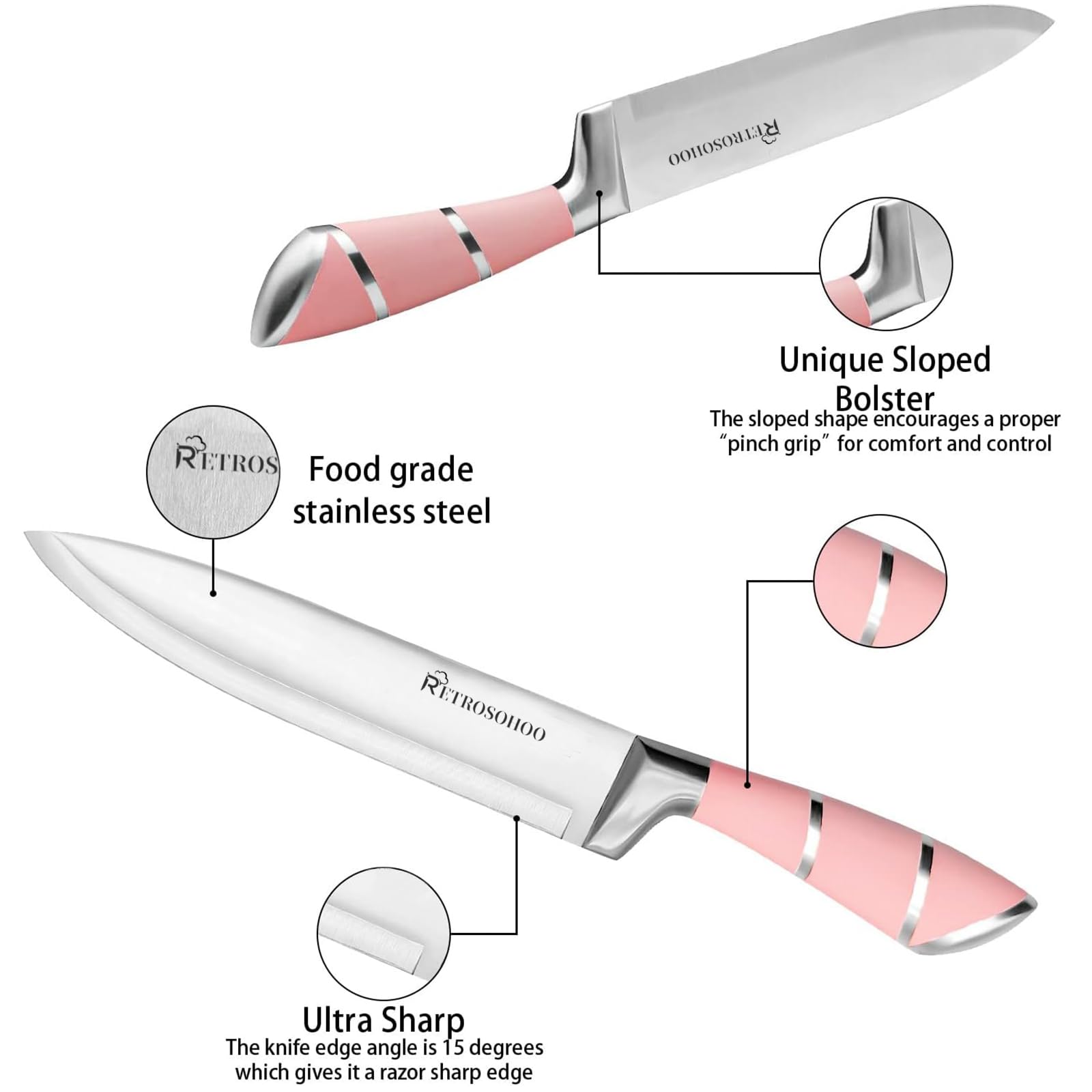 Cuchillo para fruta rosa Retrosohoo con borde afilado para trocear.