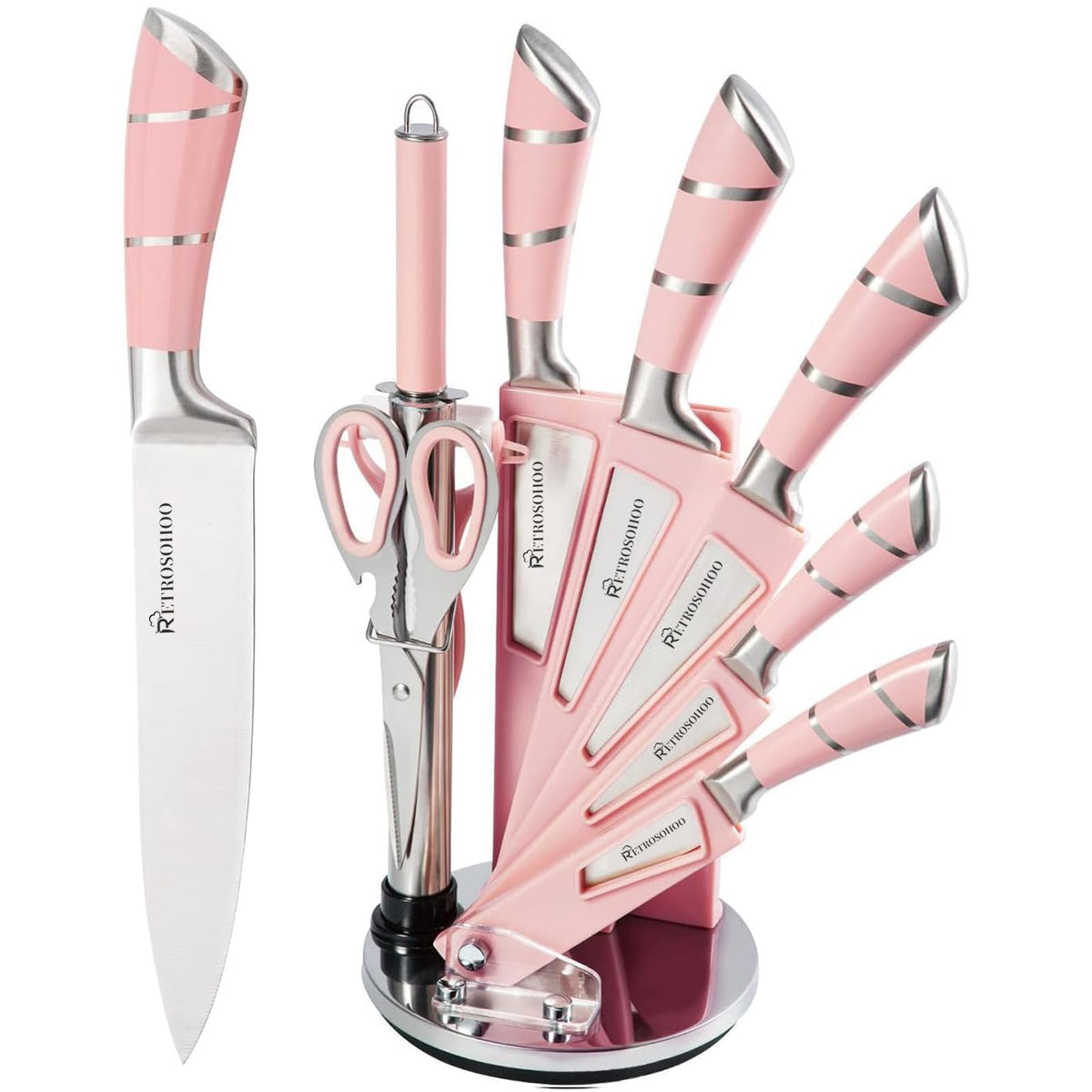 Cuchillos Retrosohoo de 9 piezas en rosa con bloque giratorio estable para almacenamiento ordenado.