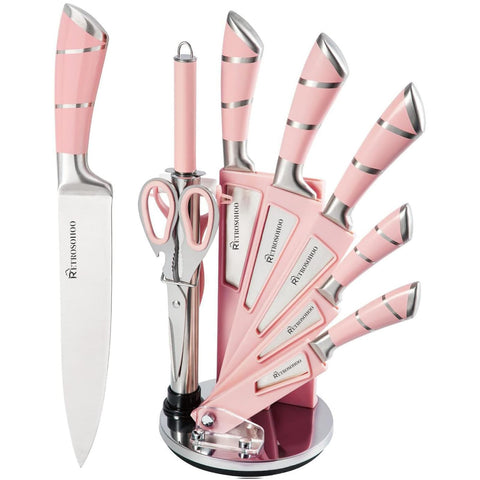 Cuchillos Retrosohoo de 9 piezas en rosa con bloque giratorio estable para almacenamiento ordenado.