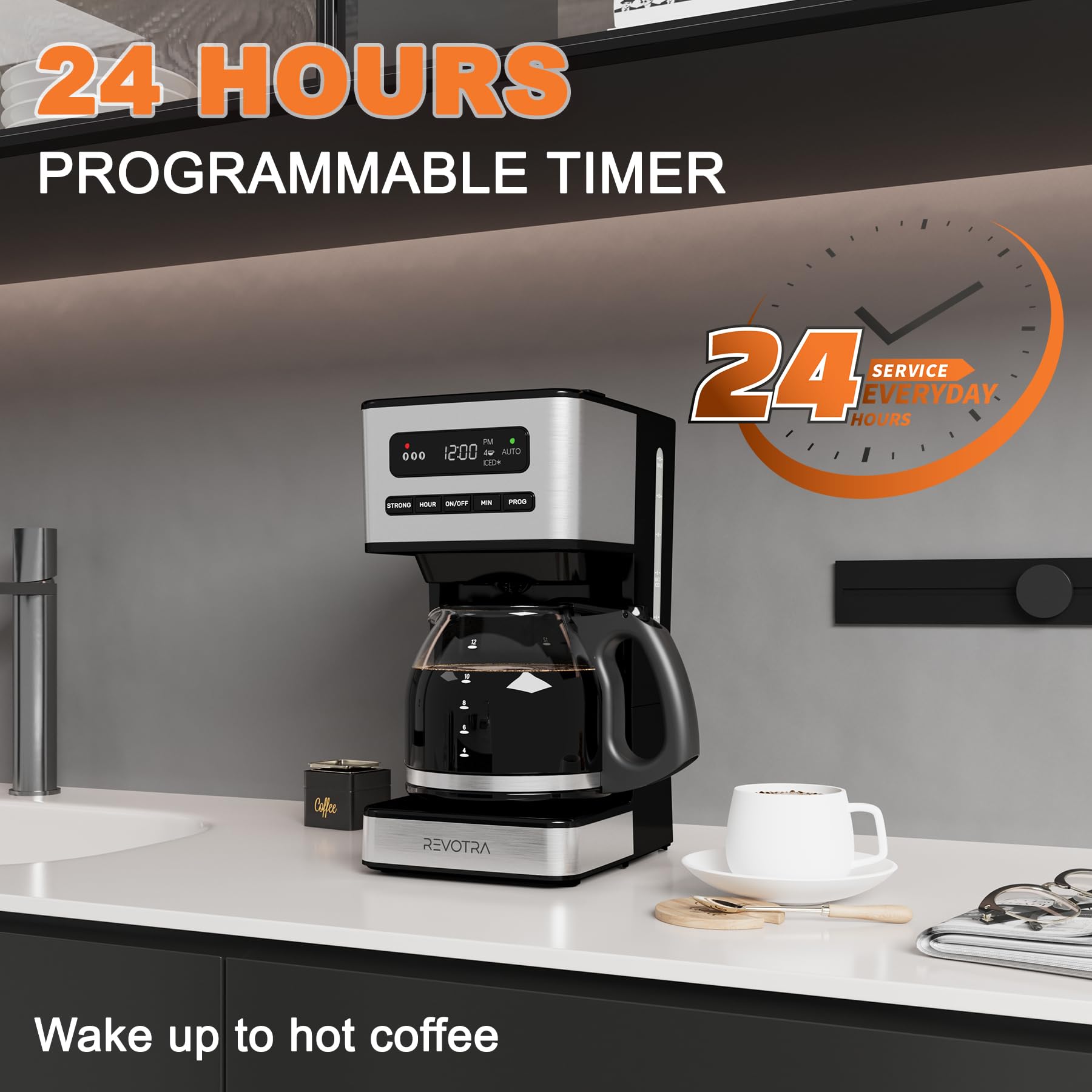 REVOTRA cafetera mantiene caliente y se apaga automáticamente por seguridad.