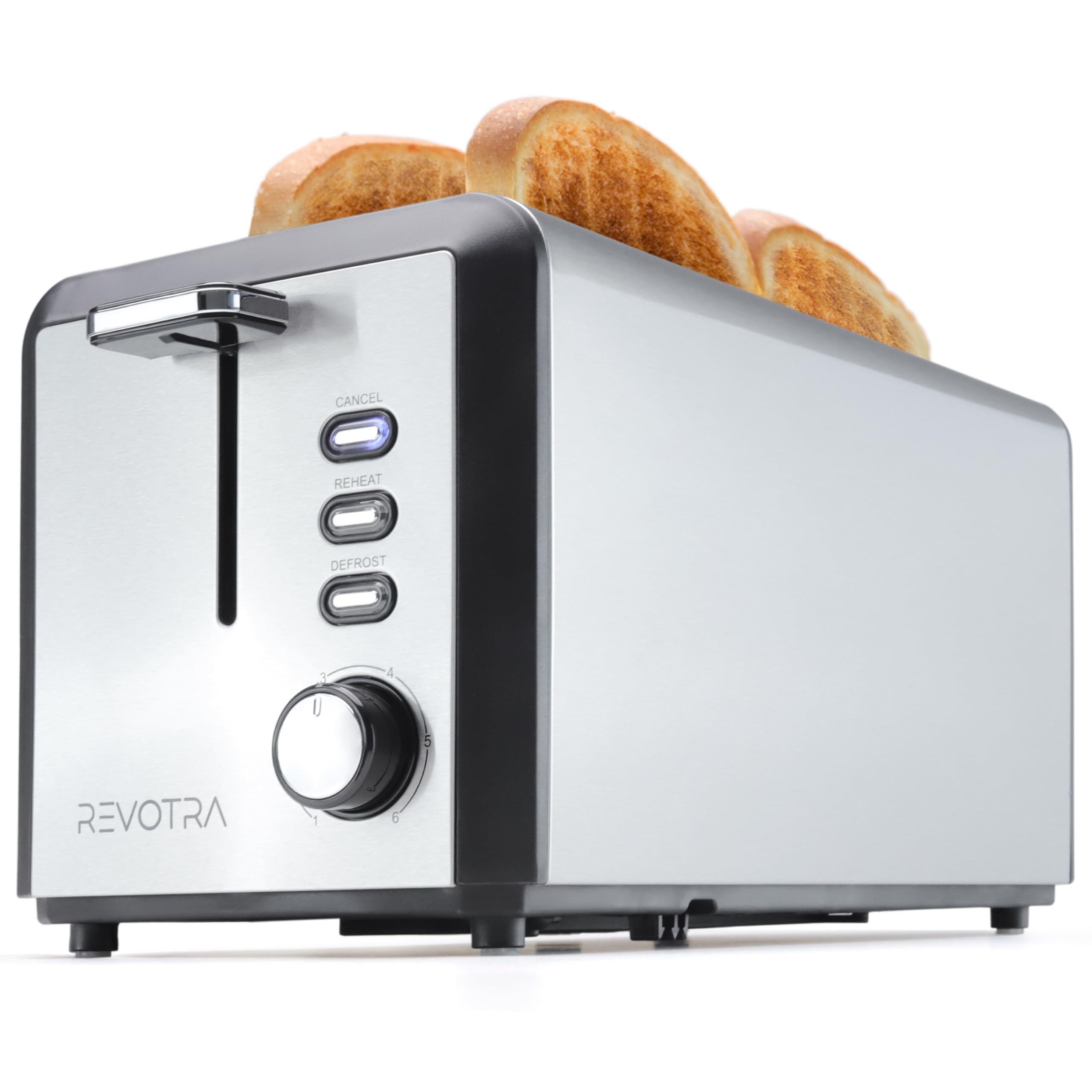 REVOTRA Tostadora 4 rebanadas con ranuras largas para pan artesanal.