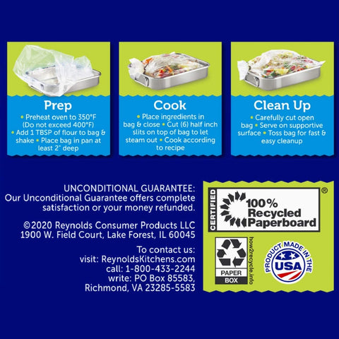 Bolsas Reynolds para horno con capacidad de hasta ocho libras para cocciones jugosas.