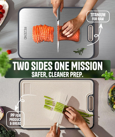 REZEND lado titanio para carnes crudas y lado PP para verduras sin mezclar.
