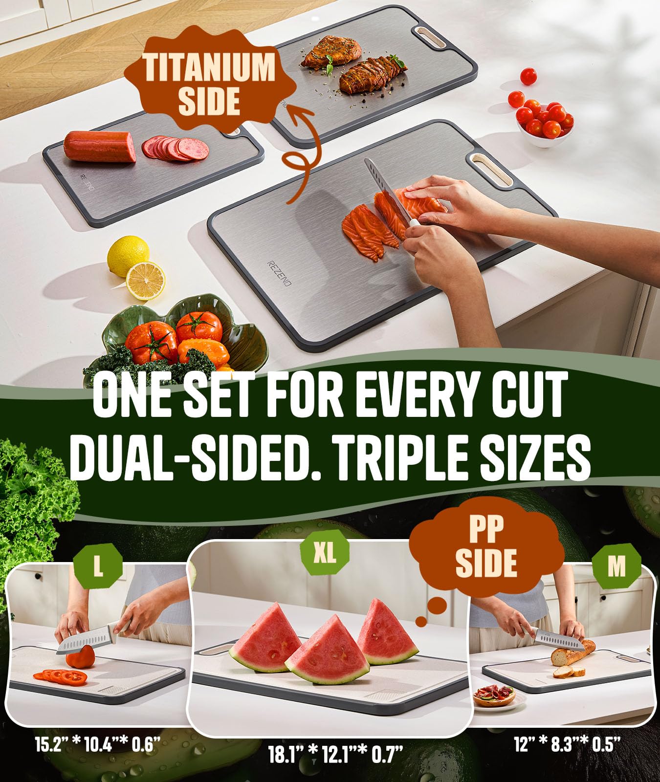 REZEND diseño doble cara muestra dos lados para carne y vegetales.