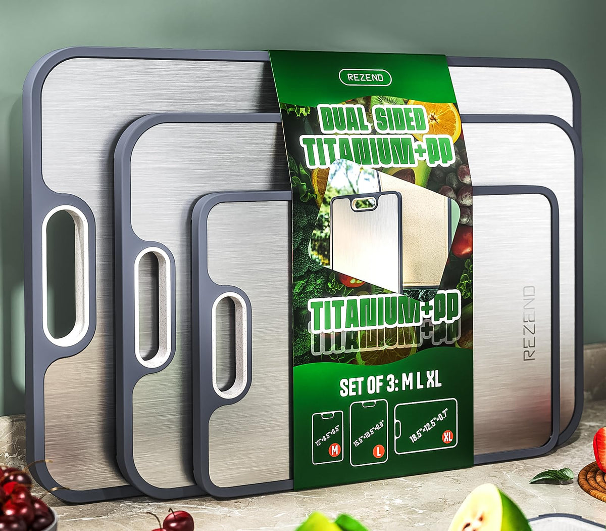 REZEND tabla de titanio tres piezas con superficies independientes para ingredientes variados.