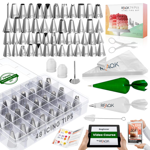 Set de boquillas RFAQK de 74 piezas para decorar pasteles con precisión.