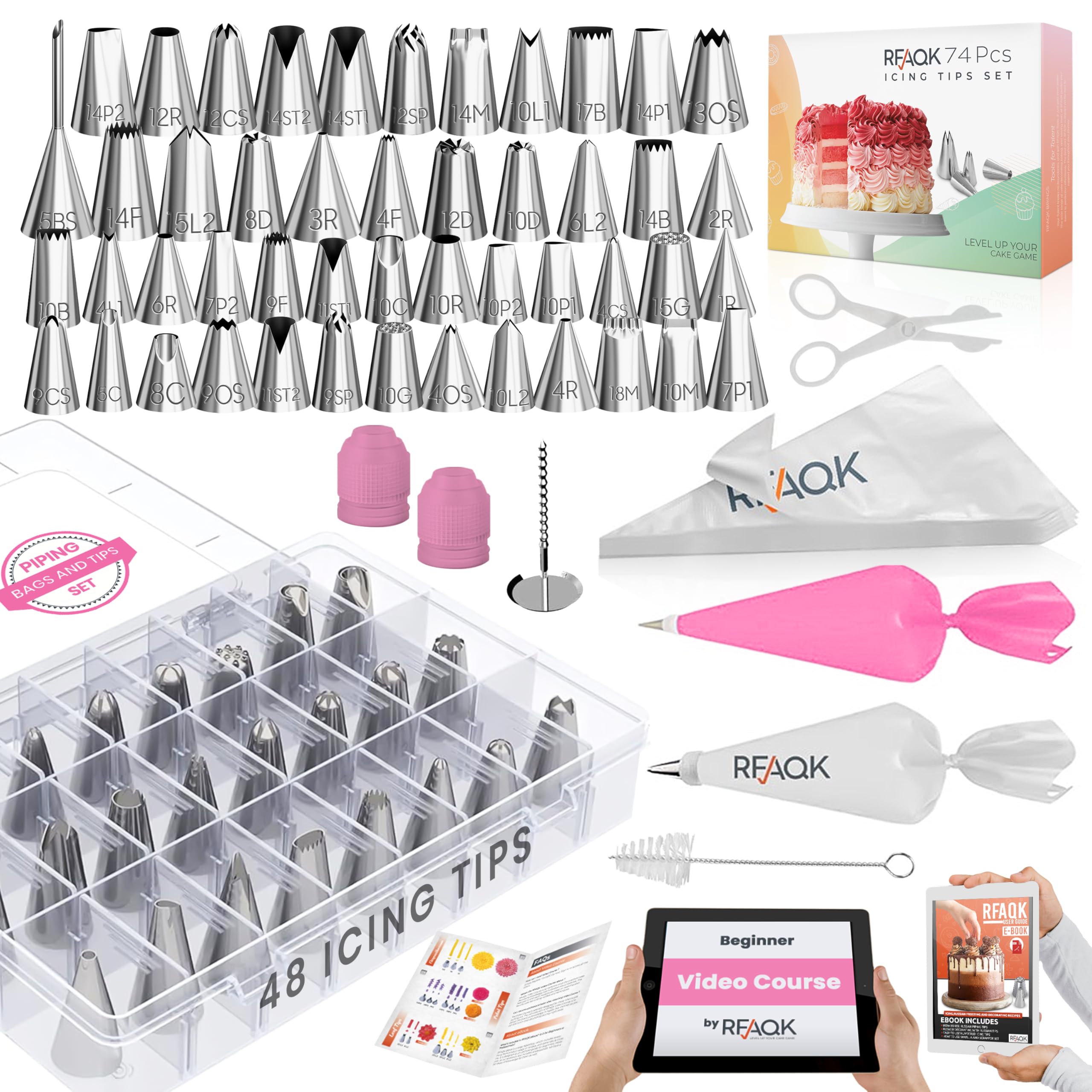 RFAQK set de boquillas 74 piezas para decorar pasteles con precisión profesional.