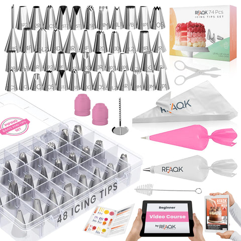 RFAQK set de boquillas 74 piezas para decorar pasteles con precisión profesional.
