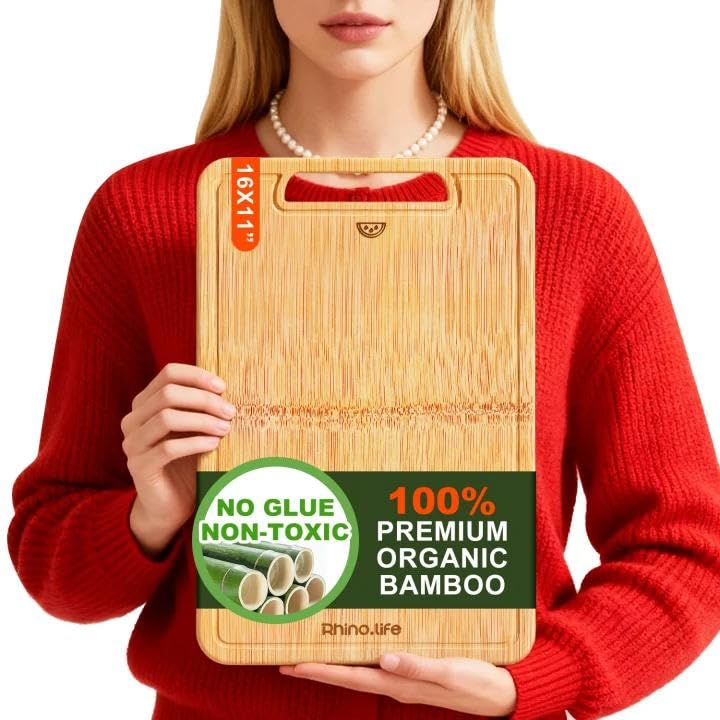 RhinoLife tabla de corte de bambú grande sin pegamento, segura para alimentos.