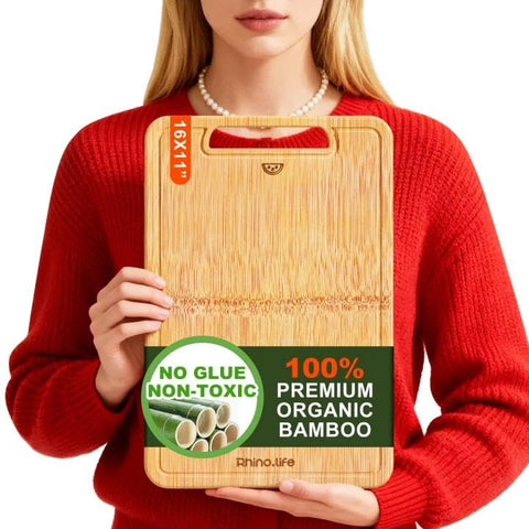 RhinoLife tabla de corte de bambú grande sin pegamento, segura para alimentos.