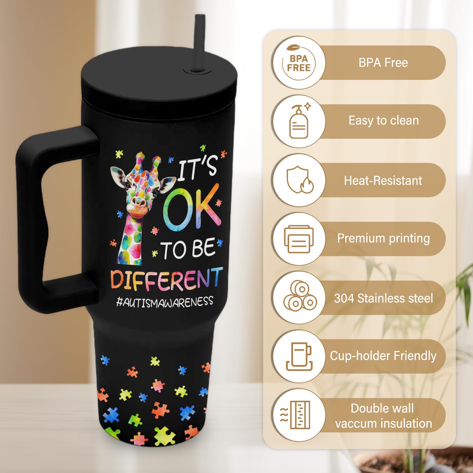 Tumbler RHONGE 40oz con jirafa impresa, regalo ideal para personas con autismo.