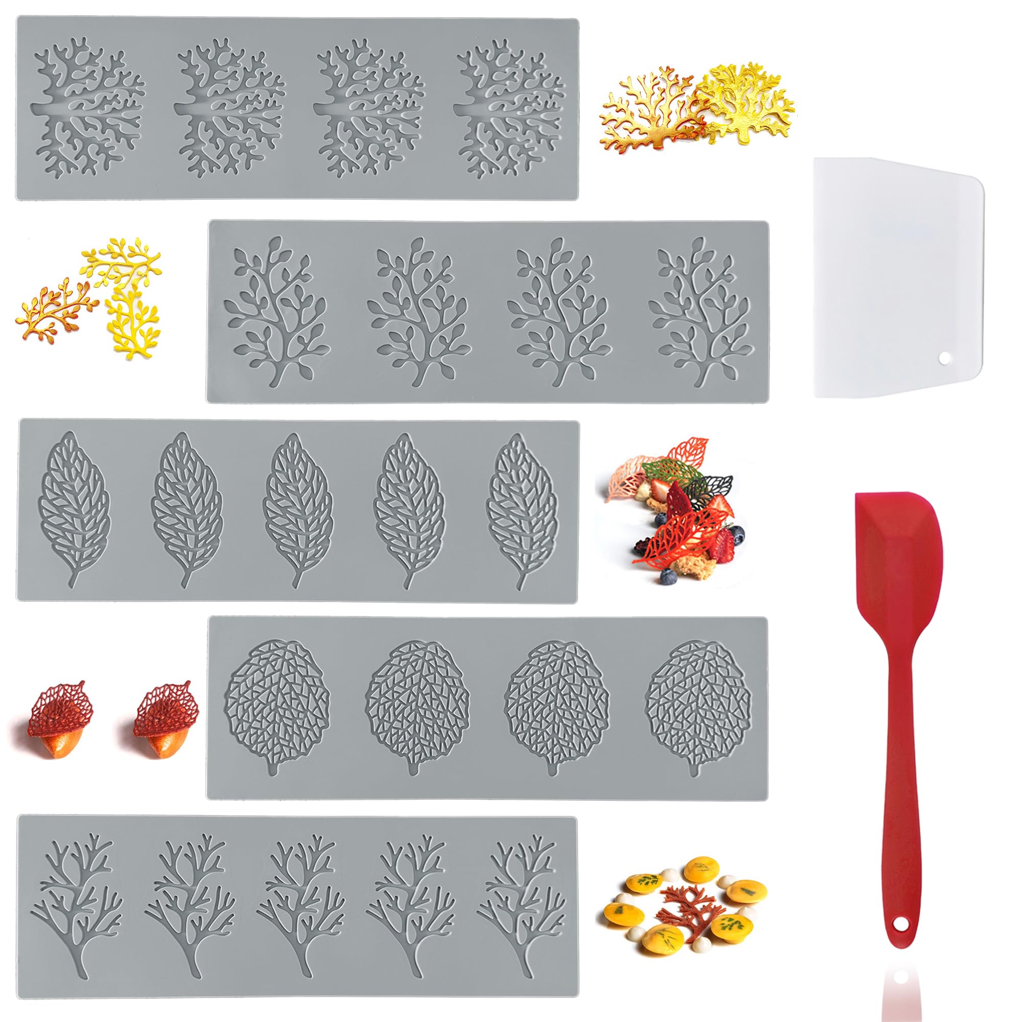 RHVQ moldes hojas silicona con 5 patrones para decoraciones detalladas.