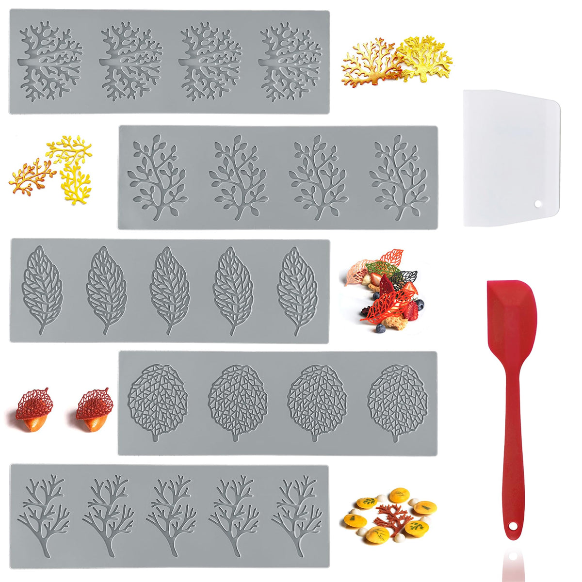 RHVQ moldes hojas silicona con 5 patrones para decoraciones detalladas.