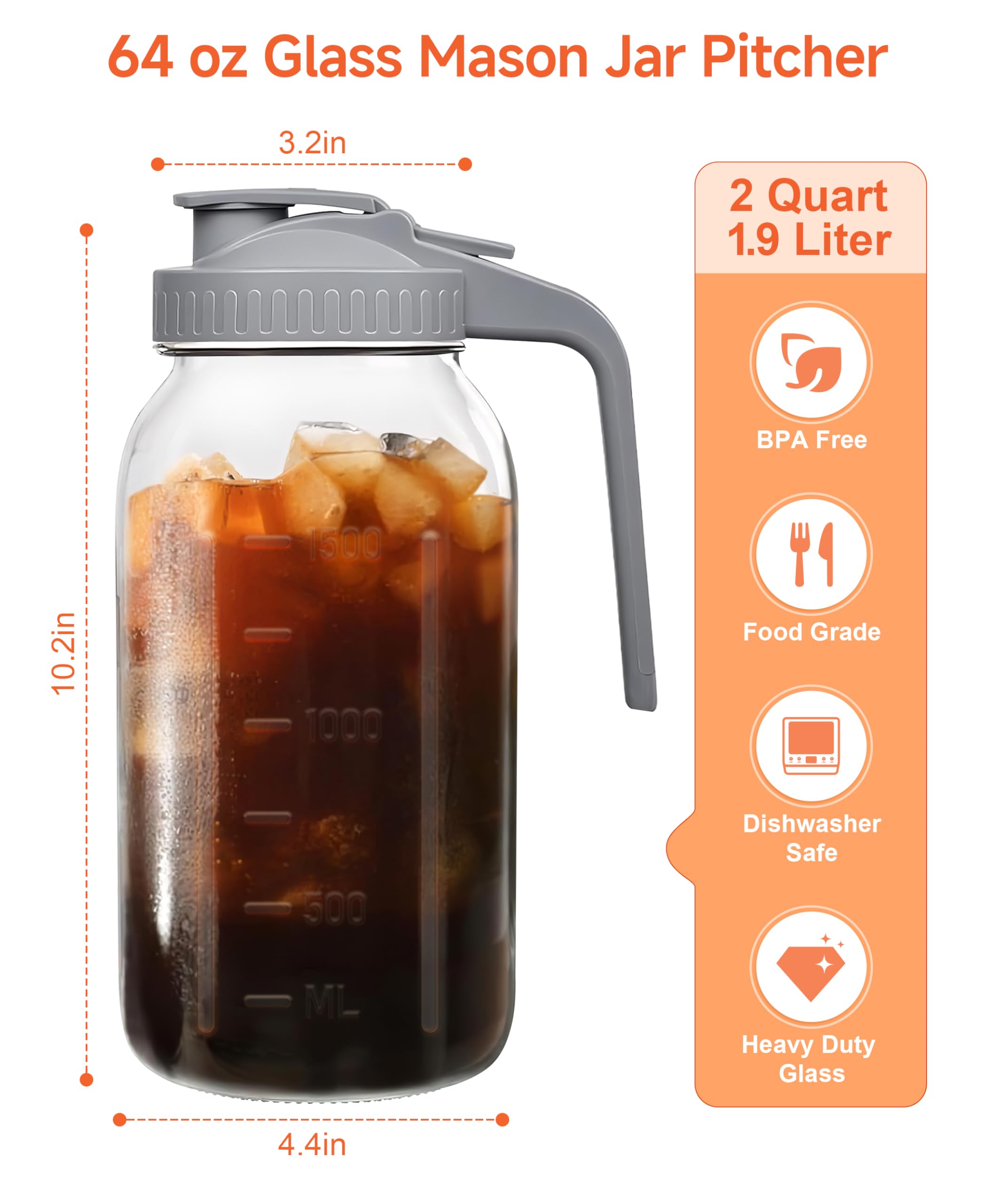 Rightled jarra mason 64oz con boquilla para verter sin goteos en cualquier mesa