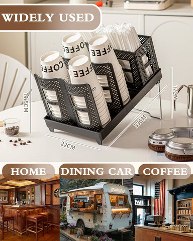 Uso en oficina o cafetería para tener tazas, tapas y pajillas al alcance.