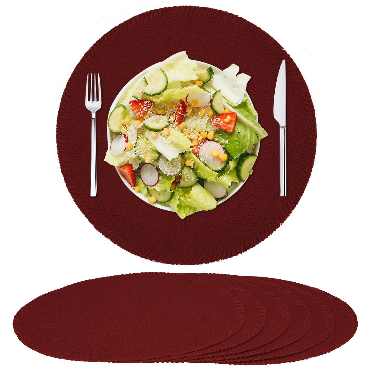 Rinpon manteles redondos: textura de lino y lavables para comidas familiares.