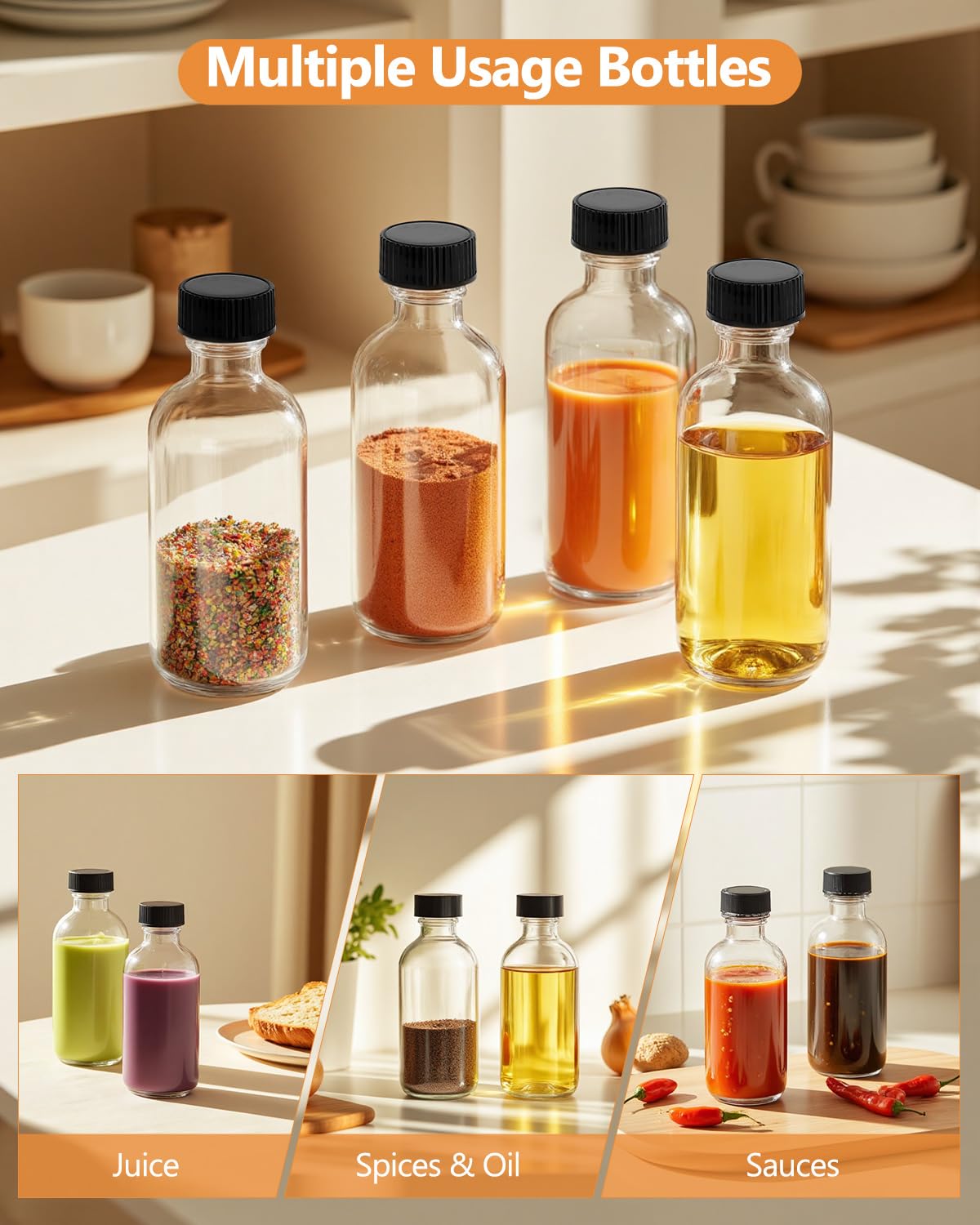 Rionisor botellas transparentes, aptas para alimentos y fácil limpieza.