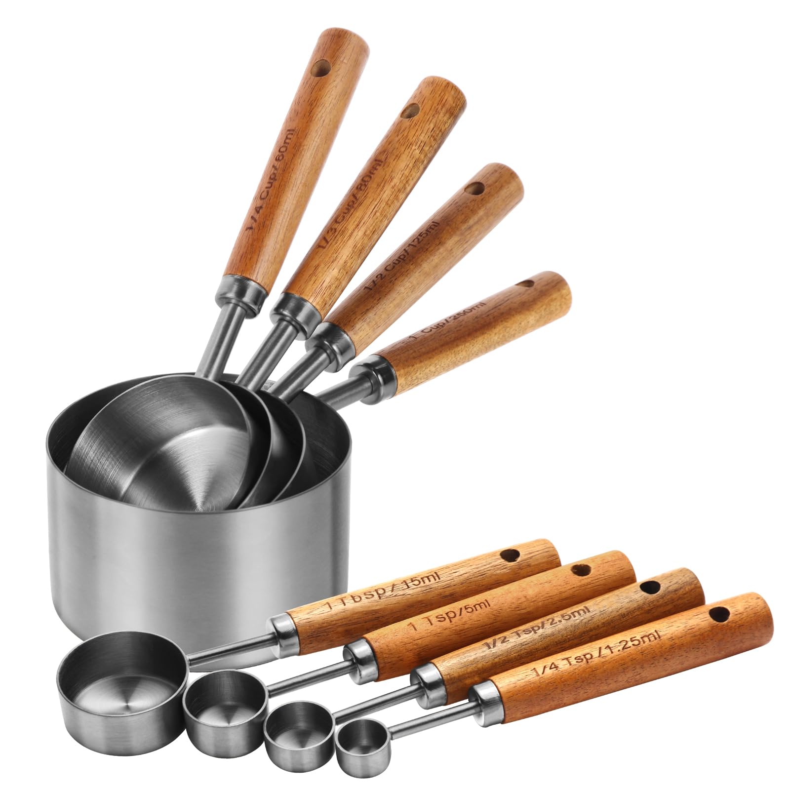 Set de tazas y cucharas Riqwm Iro en acero inoxidable, acabado plata, mediciones precisas