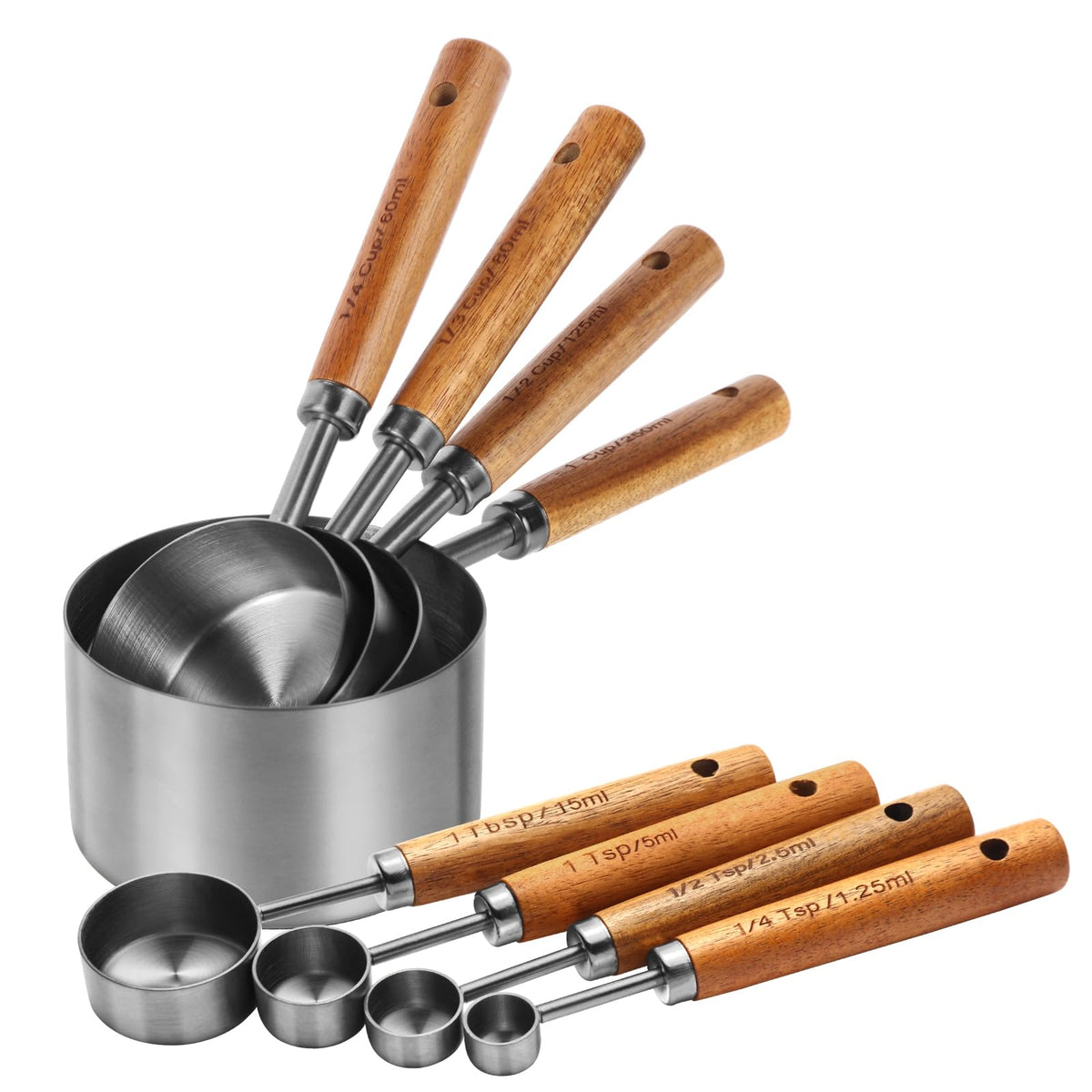 Set de tazas y cucharas Riqwm Iro en acero inoxidable, acabado plata, mediciones precisas