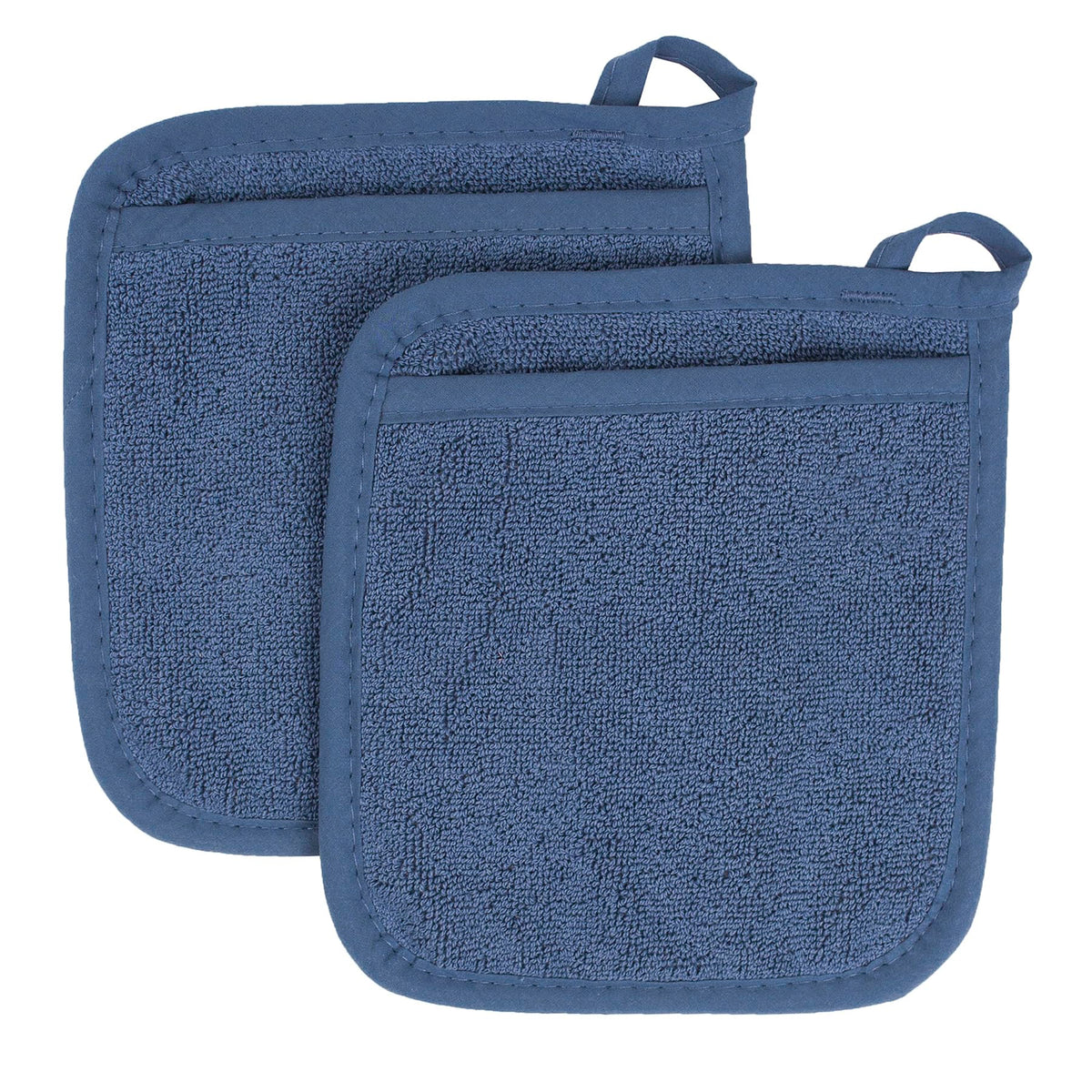 El mitón Ritz de terry con bolsillo azul ofrece agarre seguro para retirar utensilios calientes.