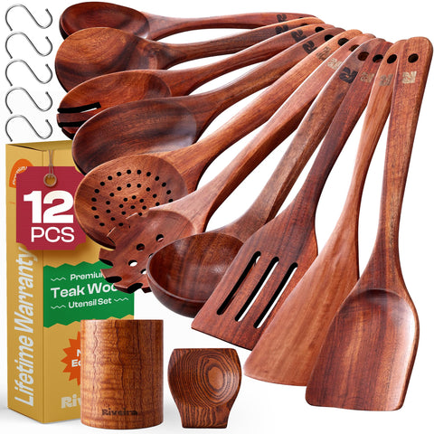 Riveira juego utensilios de teca 12 piezas para cocinar con seguridad.
