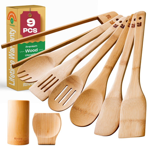 Riveira set-utensilios-cocina-bambu-9-piezas-con-soporte: uso diario sin rayar ollas.