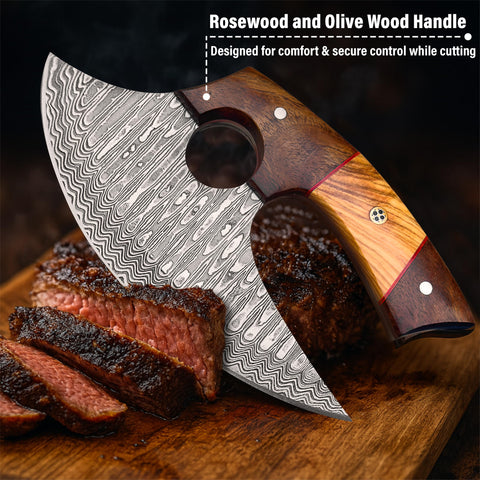 River Cross Knives Ulu con funda de cuero, perfecta para llevar en camping.