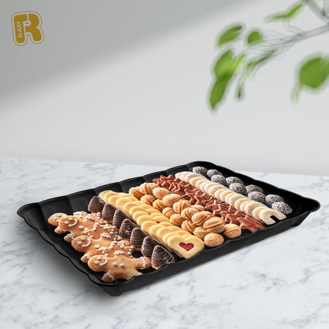 Platos negros de R-KAY para servir comida, fáciles de limpiar.