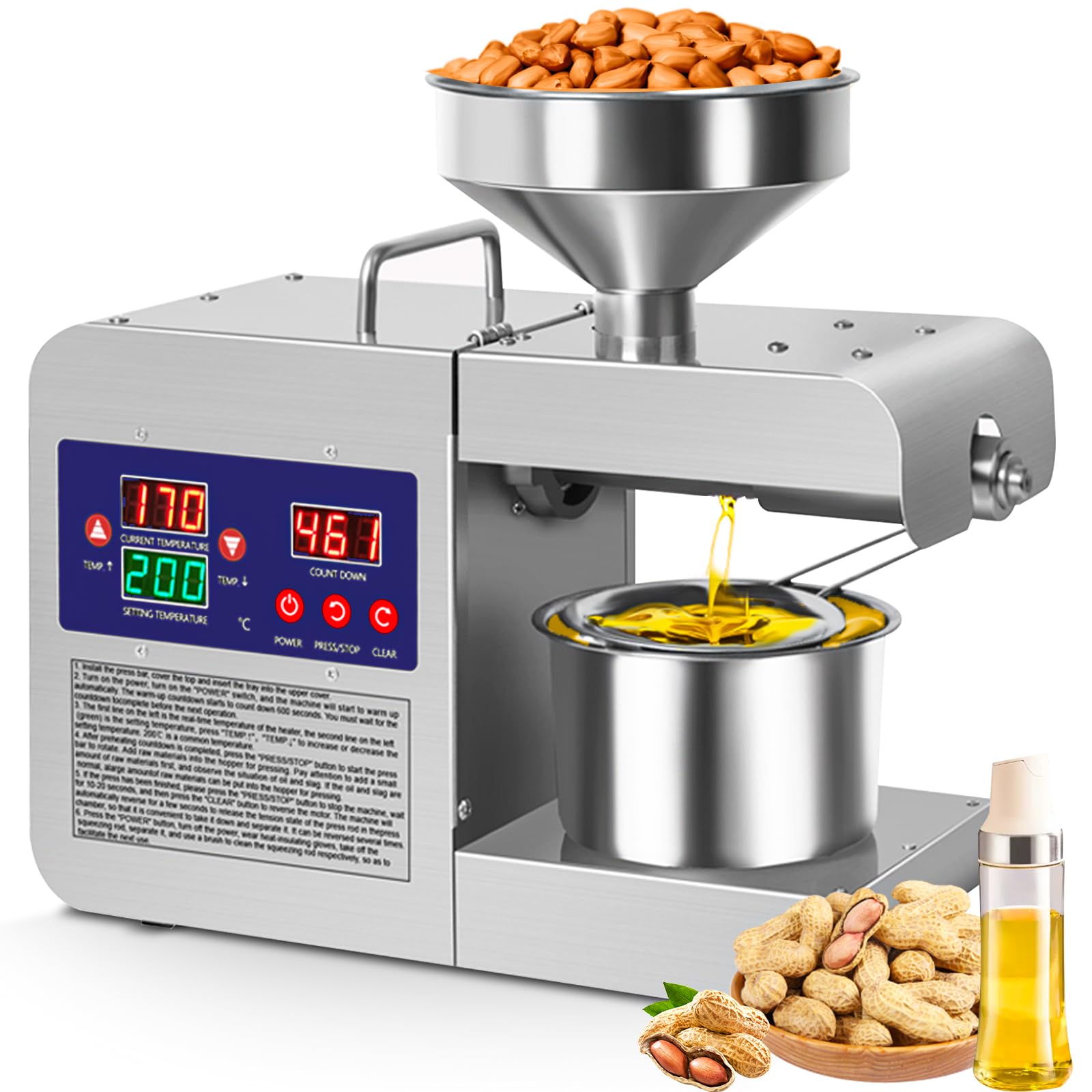 Prensa de aceite Rkazes vista frontal, uso práctico para casa y negocio